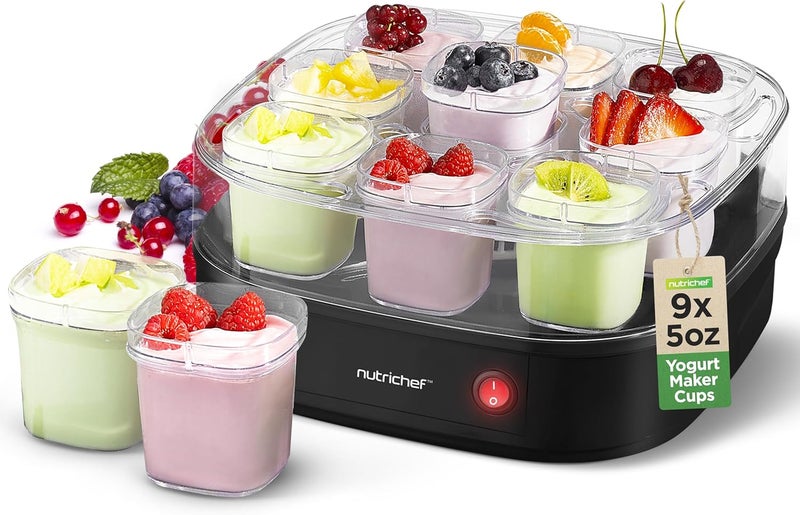 NutriChef 9 Cup Automatic Yogurt Maker | Includes 9 - 5 oz Reusable Cups with Lids & Yogurt Rack for Instant Storage | Makes up to 45 OZ of Yogurt | Greek Yogurt Maker | Space Saving design | Black - Image 1